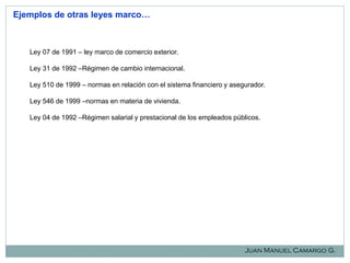 Ejemplos de otras leyes marco…

Ley 07 de 1991 – ley marco de comercio exterior.
Ley 31 de 1992 –Régimen de cambio internacional.
Ley 510 de 1999 – normas en relación con el sistema financiero y asegurador.
Ley 546 de 1999 –normas en materia de vivienda.

Ley 04 de 1992 –Régimen salarial y prestacional de los empleados públicos.

Juan Manuel Camargo G.

 