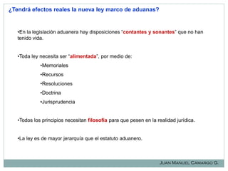 ¿Tendrá efectos reales la nueva ley marco de aduanas?

•En la legislación aduanera hay disposiciones “contantes y sonantes” que no han
tenido vida.

•Toda ley necesita ser “alimentada”, por medio de:
•Memoriales
•Recursos
•Resoluciones
•Doctrina
•Jurisprudencia
•Todos los principios necesitan filosofía para que pesen en la realidad jurídica.
•La ley es de mayor jerarquía que el estatuto aduanero.

Juan Manuel Camargo G.

 