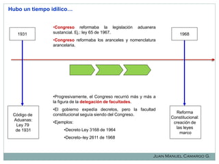 Hubo un tiempo idílico…

1931

•Congreso reformaba la legislación
sustancial. Ej.: ley 65 de 1967.

aduanera

1968

•Congreso reformaba los aranceles y nomenclatura
arancelaria.

•Progresivamente, el Congreso recurrió más y más a
la figura de la delegación de facultades.
Código de
Aduanas:
Ley 79
de 1931

•El gobierno expedía decretos, pero la facultad
constitucional seguía siendo del Congreso.
•Ejemplos:
•Decreto Ley 3168 de 1964

Reforma
Constitucional:
creación de
las leyes
marco

•Decreto–ley 2611 de 1968

Juan Manuel Camargo G.

 