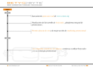 SEP  DIC   2004 Finalización del desarrollo de  betycodes , plataforma integral de promociones. Premio eficacia de oro  a la mejor acción de  marketing promocional. Lanzamiento  para anesvad  de   www.existe.org La compañía canariense de tabacos  comienza a utilizar betycodes en su estrategia promocional   
