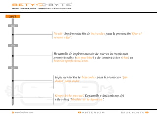 2007 sep oct nov Nestlé.  Implementación de  betycodes  para la promoción  “Que el verano siga” . Desarrollo de implementación de nuevas herramientas promocionales ( slot machine ) y de comunicación ( chat ) en  heinekenprofesional.com.   Implementación de  betycodes  para la promoción  “pin dodot” para dodot Grupo leche pascual . Desarrollo y lanzamiento del video-blog “ olvídate de tu hipoteca ”. 