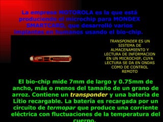 La empresa MOTOROLA es la que está produciendo el microchip para MONDEX SMARTCARD, que desarrolló varios implantes en humanos usando el bio-chip.   El bio-chip mide 7mm de largo y 0.75mm de ancho, más o menos del tamaño de un grano de arroz. Contiene un  transponder  y una batería de Lítio recargable. La batería es recargada por un circuito de  termopar  que produce una corriente eléctrica con fluctuaciones de la temperatura del cuerpo.   TRANSPONDER  ES UN SISTEMA DE ALMACENAMIENTO Y LECTURA DE INFORMACION EN UN MICROCHIP, CUYA LECTURA SE DA EN ONDAS COMO DE CONTROL REMOTO 