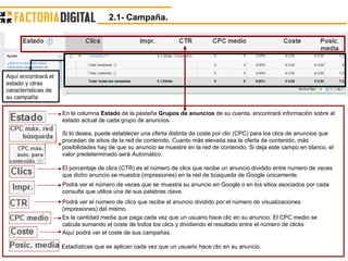 2.1- Campaña. El porcentaje de clics (CTR) es el número de clics que recibe un anuncio dividido entre numero de veces que dicho anuncio se muestra (impresiones) en la red de búsqueda de Google únicamente. Es la cantidad media que paga cada vez que un usuario hace clic en su anuncio. El CPC medio se calcula sumando el coste de todos los clics y dividiendo el resultado entre el número de clicks  Podrá ver el número de clics que recibe el anuncio dividido por el número de visualizaciones (impresiones) del mismo. Aquí podrá ver el coste de sus campañas. Podrá ver el número de veces que se muestra su anuncio en Google o en los sitios asociados por cada consulta que utilice una de sus palabras clave. Estadísticas que se aplican cada vez que un usuario hace clic en su anuncio. En la columna  Estado  de la pestaña  Grupos de anuncios  de su cuenta, encontrará información sobre el estado actual de cada grupo de anuncios.  Si lo desea, puede establecer una oferta distinta de coste por clic (CPC) para los clics de anuncios que procedan de sitios de la red de contenido. Cuanto más elevada sea la oferta de contenido, más posibilidades hay de que su anuncio se muestre en la red de contenido. Si deja este campo en blanco, el valor predeterminado será  Automático .  Aquí encontrará el estado y otras características de su campaña 