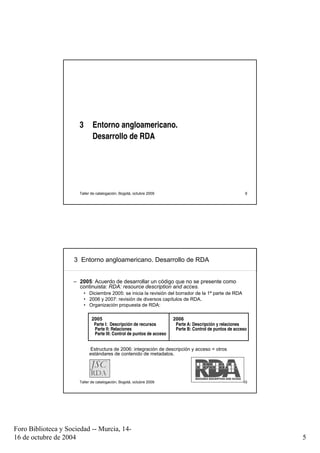 3       Entorno angloamericano.
                              Desarrollo de RDA




                      Taller de catalogación, Bogotá, octubre 2009                                         9




                     3 Entorno angloamericano. Desarrollo de RDA


                    – 2005: Acuerdo de desarrollar un código que no se presente como
                      continuista: RDA: resource description and acces.
                          • Diciembre 2005: se inicia la revisión del borrador de la 1ª parte de RDA
                          • 2006 y 2007: revisión de diversos capítulos de RDA.
                          • Organización propuesta de RDA:

                             2005                                      2006
                              Parte I: Descripción de recursos          Parte A: Descripción y relaciones
                              Parte II: Relaciones                      Parte B: Control de puntos de acceso
                              Parte III: Control de puntos de acceso


                            Estructura de 2006: integración de descripción y acceso = otros
                            estándares de contenido de metadatos.




                      Taller de catalogación, Bogotá, octubre 2009                                        10




Foro Biblioteca y Sociedad -- Murcia, 14-
16 de octubre de 2004                                                                                          5
 