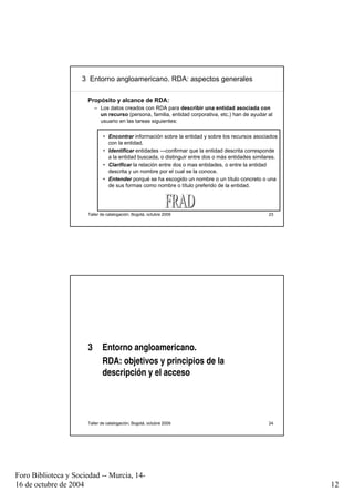 3 Entorno angloamericano. RDA: aspectos generales

                      Propósito y alcance de RDA:
                          – Los datos creados con RDA para describir una entidad asociada con
                            un recurso (persona, familia, entidad corporativa, etc.) han de ayudar al
                            usuario en las tareas siguientes:

                             • Encontrar información sobre la entidad y sobre los recursos asociados
                               con la entidad.
                             • Identificar entidades —confirmar que la entidad descrita corresponde
                               a la entidad buscada, o distinguir entre dos o más entidades similares.
                             • Clarificar la relación entre dos o mas entidades, o entre la entidad
                               descrita y un nombre por el cual se la conoce.
                             • Entender porqué se ha escogido un nombre o un título concreto o una
                               de sus formas como nombre o título preferido de la entidad.




                      Taller de catalogación, Bogotá, octubre 2009                                 23




                      3      Entorno angloamericano.
                             RDA: objetivos y principios de la
                             descripción y el acceso




                      Taller de catalogación, Bogotá, octubre 2009                                 24




Foro Biblioteca y Sociedad -- Murcia, 14-
16 de octubre de 2004                                                                                    12
 