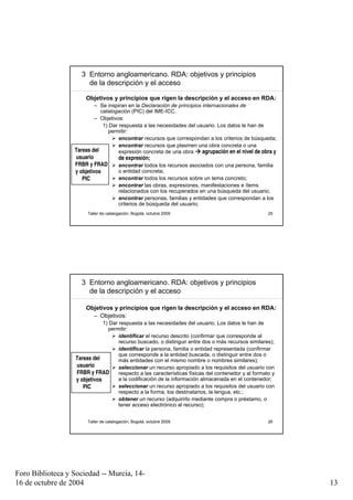 3 Entorno angloamericano. RDA: objetivos y principios
                       de la descripción y el acceso

                       Objetivos y principios que rigen la descripción y el acceso en RDA:
                          – Se inspiran en la Declaración de principios internacionales de
                             catalogación (PIC) del IME-ICC.
                          – Objetivos:
                              1) Dar respuesta a las necesidades del usuario. Los datos le han de
                                permitir:
                                     encontrar recursos que correspondan a los criterios de búsqueda;
                                     encontrar recursos que plasmen una obra concreta o una
                  Tareas del         expresión concreta de una obra     agrupación en el nivel de obra y
                  usuario               de expresión;
                  FRBR y FRAD           encontrar todos los recursos asociados con una persona, familia
                  y objetivos           o entidad concreta;
                     PIC                encontrar todos los recursos sobre un tema concreto;
                                        encontrar las obras, expresiones, manifestaciones e ítems
                                        relacionados con los recuperados en una búsqueda del usuario;
                                        encontrar personas, familias y entidades que correspondan a los
                                        criterios de búsqueda del usuario;
                        Taller de catalogación, Bogotá, octubre 2009                                   25




                     3 Entorno angloamericano. RDA: objetivos y principios
                       de la descripción y el acceso

                       Objetivos y principios que rigen la descripción y el acceso en RDA:
                         – Objetivos:
                               1) Dar respuesta a las necesidades del usuario. Los datos le han de
                                 permitir:
                                      identificar el recurso descrito (confirmar que corresponde al
                                      recurso buscado, o distinguir entre dos o más recursos similares);
                                      identificar la persona, familia o entidad representada (confirmar
                                      que corresponde a la entidad buscada, o distinguir entre dos o
                   Tareas del         más entidades con el mismo nombre o nombres similares);
                   usuario            seleccionar un recurso apropiado a los requisitos del usuario con
                   FRBR y FRAD        respecto a las características físicas del contenedor y al formato y
                   y objetivos        a la codificación de la información almacenada en el contenedor;
                      PIC             seleccionar un recurso apropiado a los requisitos del usuario con
                                      respecto a la forma, los destinatarios, la lengua, etc.;
                                      obtener un recurso (adquirirlo mediante compra o préstamo, o
                                      tener acceso electrónico al recurso);


                        Taller de catalogación, Bogotá, octubre 2009                                   26




Foro Biblioteca y Sociedad -- Murcia, 14-
16 de octubre de 2004                                                                                        13
 