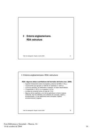 3      Entorno angloamericano.
                             RDA: estructura




                      Taller de catalogación, Bogotá, octubre 2009                                   31




                     3 Entorno angloamericano. RDA: estructura


                     RDA: algunos datos cuantitativos del borrador del texto (nov. 2008):
                       –   Capítulo introductorio sobre el propósito y alcance de RDA (= 20 p.).
                       –   10 secciones que agrupan un total de 37 capítulos (= 1224 p.).
                       –   10 de los capítulos, los referentes a materias, no están desarrollados.
                       –   13 apéndices (= 357 p.) y un glosario (= 47 p).
                       –   La tabla de contenido suma un total de 113 p.
                       –   Algunos de los capítulos y uno de los apéndices no tienen todavía
                           contenido. Son los referidos a los atributos de concepto, objeto y
                           acontecimiento, y a las relaciones entre conceptos, objetos,
                           acontecimientos y lugares.




                      Taller de catalogación, Bogotá, octubre 2009                                   32




Foro Biblioteca y Sociedad -- Murcia, 14-
16 de octubre de 2004                                                                                     16
 