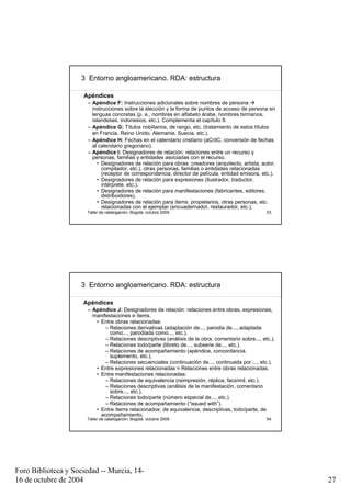 3 Entorno angloamericano. RDA: estructura

                     Apéndices
                       – Apéndice F: Instrucciones adicionales sobre nombres de persona
                         instrucciones sobre la elección y la forma de puntos de acceso de persona en
                         lenguas concretas (p. e., nombres en alfabeto árabe, nombres birmanos,
                         islandeses, indonesios, etc.). Complementa el capítulo 9.
                       – Apéndice G: Títulos nobiliarios, de rango, etc. (tratamiento de estos títulos
                         en Francia, Reino Unido, Alemania, Suecia, etc.).
                       – Apéndice H: Fechas en el calendario cristiano (aC/dC, conversión de fechas
                         al calendario gregoriano).
                       – Apéndice I: Designadores de relación: relaciones entre un recurso y
                         personas, familias y entidades asociadas con el recurso.
                            • Designadores de relación para obras: creadores (arquitecto, artista, autor,
                              compilador, etc.), otras personas, familias o entidades relacionadas
                              (receptor de correspondencia, director de película, entidad emisora, etc.).
                            • Designadores de relación para expresiones (ilustrador, traductor,
                              intérprete, etc.).
                            • Designadores de relación para manifestaciones (fabricantes, editores,
                              distribuidores).
                            • Designadores de relación para ítems: propietarios, otras personas, etc.
                              relacionadas con el ejemplar (encuadernador, restaurador, etc.).
                      Taller de catalogación, Bogotá, octubre 2009                                   53




                     3 Entorno angloamericano. RDA: estructura

                     Apéndices
                       – Apéndice J: Designadores de relación: relaciones entre obras, expresiones,
                         manifestaciones e ítems.
                          • Entre obras relacionadas:
                              – Relaciones derivativas (adaptación de..., parodia de..., adaptada
                                como..., parodiada como..., etc.).
                              – Relaciones descriptivas (análisis de la obra, comentario sobre..., etc.).
                              – Relaciones todo/parte (libreto de..., subserie de..., etc.).
                              – Relaciones de acompañamiento (apéndice, concordancia,
                                suplemento, etc.).
                              – Relaciones secuenciales (continuación de..., continuada por ..., etc.).
                          • Entre expresiones relacionadas ≈ Relaciones entre obras relacionadas.
                          • Entre manifestaciones relacionadas:
                              – Relaciones de equivalencia (reimpresión, réplica, facsímil, etc.).
                              – Relaciones descriptivas (análisis de la manifestación, comentario
                                sobre..., etc.).
                              – Relaciones todo/parte (número especial de..., etc.).
                              – Relaciones de acompañamiento (“issued with”).
                          • Entre ítems relacionados: de equivalencia, descriptivas, todo/parte, de
                            acompañamiento.
                      Taller de catalogación, Bogotá, octubre 2009                                   54




Foro Biblioteca y Sociedad -- Murcia, 14-
16 de octubre de 2004                                                                                       27
 