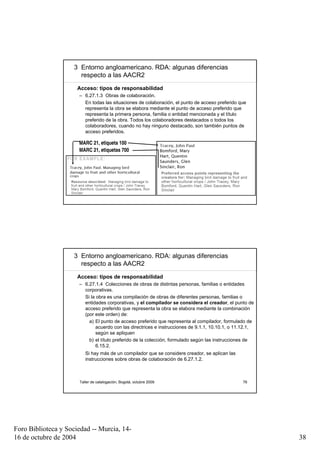 3 Entorno angloamericano. RDA: algunas diferencias
                       respecto a las AACR2
                      Acceso: tipos de responsabilidad
                      – 6.27.1.3 Obras de colaboración.
                        En todas las situaciones de colaboración, el punto de acceso preferido que
                        representa la obra se elabora mediante el punto de acceso preferido que
                        representa la primera persona, familia o entidad mencionada y el título
                        preferido de la obra. Todos los colaboradores destacados o todos los
                        colaboradores, cuando no hay ninguno destacado, son también puntos de
                        acceso preferidos.

                      MARC 21, etiqueta 100
                      MARC 21, etiquetas 700




                      Taller de catalogación, Bogotá, octubre 2009                               75




                     3 Entorno angloamericano. RDA: algunas diferencias
                       respecto a las AACR2
                      Acceso: tipos de responsabilidad
                      – 6.27.1.4 Colecciones de obras de distintas personas, familias o entidades
                        corporativas.
                        Si la obra es una compilación de obras de diferentes personas, familias o
                        entidades corporativas, y el compilador se considera el creador, el punto de
                        acceso preferido que representa la obra se elabora mediante la combinación
                        (por este orden) de:
                          a) El punto de acceso preferido que representa al compilador, formulado de
                              acuerdo con las directrices e instrucciones de 9.1.1, 10.10.1, o 11.12.1,
                              según se apliquen
                          b) el título preferido de la colección, formulado según las instrucciones de
                              6.15.2.
                         Si hay más de un compilador que se considere creador, se aplican las
                         instrucciones sobre obras de colaboración de 6.27.1.2.



                      Taller de catalogación, Bogotá, octubre 2009                               76




Foro Biblioteca y Sociedad -- Murcia, 14-
16 de octubre de 2004                                                                                     38
 