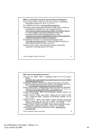 ISBD ed. consolidada, Principios internacionales de catalogación
                      Guerrini, Mauro (2004). “GMD: its function and its history”. Cataloging &
                          classification quarterly, vol. 38, no. 2, p. 61–74.
                      IFLA. ISBD Review Group. <http://www.ifla.org/en/isbd-rg>.
                      International standard bibliographic description (ISBD) (2007). Preliminary
                          consolidated ed. München: K.G. Saur. Versión electrónica:
                          <http://www.ifla.org/files/cataloguing/pubs/ISBD_consolidated_2007.pd
                          f>. Versión española: Descripción bibliográfica internacional
                          normalizada (ISBD). Madrid: Biblioteca Nacional, 2008.
                          <http://www.bne.es/export/sites/BNWEB1/es/Servicios/NormasEstanda
                          res/ISBDconsolidada/Docs/ISBDconsolidada.pdf>.
                      IFLA Meetings of Experts on an International Cataloguing Code.
                          <http://www.ifla.org/en/node/576>. Desde esta página se accede a la
                          documentación de cada una de las reuniones.
                      Svenonius, Elaine (2000). The intellectual foundation of information
                          organization. Cambridge (Mass.): MIT Press.




                      Taller de catalogación, Bogotá, octubre 2009                                  91




                      RDA: resource description and access
                      Chapman, Ann (2008). “RDA: a cataloguing code for the 21st century”,
                          Update.
                          http://www.cilip.org.uk/publications/updatemagazine/archive/archive2008/
                          september/rdachapman.htm.
                      Coyle, Karen; Hillmann, Diane (2007). “Resource Description and Access
                          (RDA): cataloging rules for the 20th century”. D-lib magazine, vol. 13, no.
                          1-2, <http://www.dlib.org/dlib/january07/coyle/01coyle.html>.
                      Dunsire, Gordon (2007). “Distinguishing content from carrier: the RDA/ONIX
                          framework for resource categorization”. D-lib magazine, vol. 13, no. 1-2,
                          <http://www.dlib.org/dlib/january07/dunsire/01dunsire.html>.
                      Gorman, Michael (2007). “RDA: imminent debacle”. American libraries, vol.
                          38, no. 11, pp. 64-65.
                      Howarth, Lynne C.; Weihs, Jean (2007). “Making the link: AACR to RDA:
                          Part 1: setting the stage”. Cataloging & classification quarterly, vol. 45,
                          no. 2, p. 3-18.
                      Howarth, Lynne C.; Weihs, Jean (2008). “Enigma variations: parsing the
                          riddle of main entry and the "rule of three" from AACR2 to RDA”.
                          Cataloging & classification quarterly, vol. 46, no. 2, p. 201-220.
                      Howarth, Lynne C.; Weihs, Jean (2008). “Uniform titles from AACR to RDA”.
                          Cataloging & classification quarterly, vol. 46, no. 4, p. 362-384.
                      Joint Steering Committee for Development of RDA. <http://www.rda-
                          jsc.org/rda.html>.
                      Taller de catalogación, Bogotá, octubre 2009                                  92




Foro Biblioteca y Sociedad -- Murcia, 14-
16 de octubre de 2004                                                                                    46
 