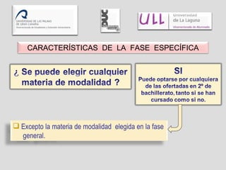 Excepto la materia de modalidad  elegida en la fase  general. CARACTERÍSTICAS  DE  LA  FASE  ESPECÍFICA 