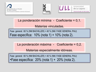 Fase  general:  60 % (NM BACHILLER) + 40 % (NM. FASE GENERAL PAU)  Fase específica:  10% (nota 1) + 10% (nota 2).  Fase  general:  60 % (NM BACHILLER) + 40 % (NM. FASE GENERAL PAU)  Fase específica:  20% (nota 1) +  20% (nota 2).  La ponderación mínima  -  Coeficiente = 0,1. Materias vinculadas. La ponderación máxima  -  Coeficiente = 0,2. Materias especialmente idóneas. 