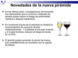 Novedades de la nueva pirámide En los últimos años, investigaciones convincentes han demostrado que el consumo moderado de alcohol puede reducir el riesgo de enfermedad cardiaca y ataques isquémicos. En revisiones futuras de la pirámide se añadirá la recomendación de consumir alcohol moderadamente:  1-2 bebidas al día para mujeres y 2-3 para hombres reducen el riesgo al menos en un 25%.  El alcohol puede aumentar el cáncer de mama, pero probablemente se neutraliza con la ingesta de folatos 