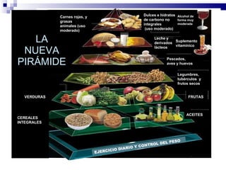 LA NUEVA PIRÁMIDE Carnes rojas, y grasas animales (uso moderado) Dulces e hidratos de carbono no integrales   (uso moderado) Alcohol de forma muy moderada Leche y derivados lácteos Pescados, aves y huevos Legumbres, tubérculos  y frutos secos ACEITES FRUTAS EJERCICIO DIARIO Y CONTROL DEL PESO Suplemento vitamínico VERDURAS CEREALES INTEGRALES 