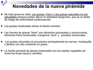 Novedades de la nueva pirámide No toda grasa es mala.  Las grasas  “trans”  y las grasas saturadas no son saludables  porque pueden elevar el colesterol sanguíneo, que es un factor de riesgo de enfermedad cardiovascular.  Las grasas insaturadas tienen el efecto contrario Las fuentes de grasas “trans” son alimentos procesados y precocinados, alimentos fritos comerciales, margarina “dura” y  picoteos comerciales. Las grasas saturadas se encuentran principalmente en carnes, mantequilla y lácteos con alto contenido en grasa. La fuente principal de grasas insaturadas son los aceites vegetales así como los frutos secos y semillas.  