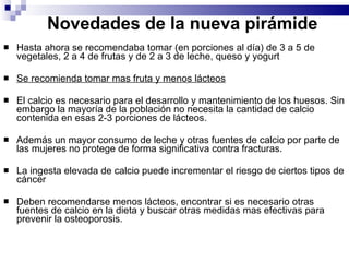 Novedades de la nueva pirámide Hasta ahora se recomendaba tomar (en porciones al día) de 3 a 5 de  vegetales, 2 a 4 de frutas y de 2 a 3 de leche, queso y yogurt Se recomienda tomar mas fruta y menos lácteos El calcio es necesario para el desarrollo y mantenimiento de los huesos. Sin embargo la mayoría de la población no necesita la cantidad de calcio contenida en esas 2-3 porciones de lácteos. Además un mayor consumo de leche y otras fuentes de calcio por parte de las mujeres no protege de forma significativa contra fracturas.  La ingesta elevada de calcio puede incrementar el riesgo de ciertos tipos de cáncer Deben recomendarse menos lácteos, encontrar si es necesario otras fuentes de calcio en la dieta y buscar otras medidas mas efectivas para prevenir la osteoporosis.  