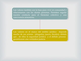 Los valores también son la base para vivir en comunidad y
relacionarnos con las demás personas. Permiten regular
nuestra conducta para el bienestar colectivo y una
convivencia armoniosa.
Los valores también son la base para vivir en comunidad y
relacionarnos con las demás personas. Permiten regular
nuestra conducta para el bienestar colectivo y una
convivencia armoniosa.
Los valores en el marco del ámbito jurídico depende
mucho de sus actores (abogados, jueces, fiscales); debido
que , de ellos la seguridad jurídica y el debido proceso
garantizaran una verdadera justicia.
Los valores en el marco del ámbito jurídico depende
mucho de sus actores (abogados, jueces, fiscales); debido
que , de ellos la seguridad jurídica y el debido proceso
garantizaran una verdadera justicia.
 