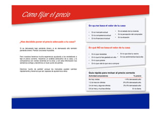 Cómo fijar el precioCómo fijar el precio
¿Has decidido poner el precio adecuado a tu casa?
Si es demasiado bajo perderás dinero; si es demasiado alto también
perderás dinero. Parece una tarea imposible.
Pero nosotros tenemos mucha experiencia ayudando a los vendedores a
fijar el precio correcto. Hacemos un análisis exhaustivo de tu casa, y la
comparamos con ventas recientes en la zona, y con esta información nos
sentamos contigo y decidimos un buen punto de partida.
Decimos “punto de partida” porque los mercados pueden cambiar
rápidamente y tenemos que ser capaces de ajustarnos a ellos.
En qué se basa el valor de tu casa
• En el mercado actual
• En la competencia actual
• En la financiación actual
• En el estado de la vivienda
• En la percepción del comprador
• En la situación
En qué NO se basa el valor de tu casa
• En lo que necesitas
• En lo que te has gastado en ella
• En lo que quieres
• En lo que vale la que vas a comprar
• En lo que dice tu vecino
• En tus sentimientos hacia ella
Guía rápida para revisar al precio correcto
Actividad compradores Tu precio
No hay visitas
1-2 al mes sin ofertas
3-4 al mes y algunas ofertas
5-6 al mes y muchas ofertas
> 9% demasiado alto
6%-8% demasiado alto
3%-5% demasiado alto
En la diana
 