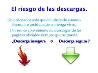 El riesgo de las descargas. Un ordenador solo queda infectado cuando ejecuta un archivo que contenga virus. Por eso es conveniente de descargar de las páginas oficiales siempre que se pueda. ¿Descarga insegura   o   Descarga segura ? 