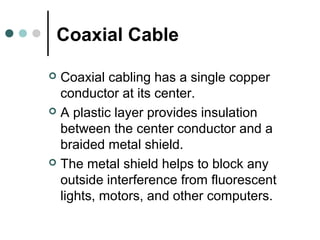 Coaxial Cable
 Coaxial cabling has a single copper
conductor at its center.
 A plastic layer provides insulation
between the center conductor and a
braided metal shield.
 The metal shield helps to block any
outside interference from fluorescent
lights, motors, and other computers.
 