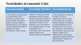Neurotoxicidad Toxicidad Tiroidea Toxicidad Renal
El litio alcanza concentraciones
en cerebro dobles de las
plasmáticas y puede causar
neurotoxicidad, que puede ir
desde el trastorno cognitivo,
dificultad para la concentración,
confusión, debilidad, temblor y
letargia, hasta ataxia,
convulsiones, coma y muerte
Cuando se consume en forma
prolongada, afecta la función
tiroidea, tanto desde el punto de
vista funcional (determinando
hipofunción tiroidea), como
anatómico, con un incremento
de la glándula tiroide, es lo que
se denomina bocio.
Esto debido a que el litio ejerce
distintos efectos en el
funcionamiento de esta glándula
El litio antagoniza el efecto de
la ADH a nivel de la
adenilciclasa renal, de forma
que la mayoría de los sujetos
tratados muestran un síndrome
de poliuriapolidipsia sólo en
contados casos, en los que se
hace imperativa la interrupción
del tratamiento, llega a provocar
diabetes insípida renal
ADHresistente; estos efectos
indeseables pueden minimizarse
administrando el fármaco en
dosis única diaria
Toxicidades al consumir Litio
 