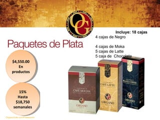 $4,550.00En productos 15% Hasta $18,750 semanales Incluye: 18 cajas 4 cajas de Negro  4 cajas de Moka 5 cajas de Latte 5 caja de  Chocolate  OrganoGold.com/Powerpoint 