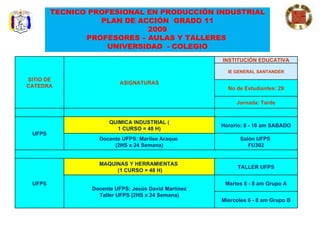 TECNICO PROFESIONAL EN PRODUCCIÓN INDUSTRIAL PLAN DE ACCIÓN  GRADO 11 2009 PROFESORES – AULAS Y TALLERES  UNIVERSIDAD  - COLEGIO SITIO DE CATEDRA ASIGNATURAS INSTITUCIÓN EDUCATIVA IE GENERAL SANTANDER No de Estudiantes: 29 Jornada: Tarde   UFPS QUIMICA INDUSTRIAL ( 1 CURSO = 48 H) Horario: 8 - 10 am SABADO Docente UFPS: Marilse Araque  (2HS x 24 Semana) Salón UFPS  FU302 UFPS MAQUINAS Y HERRAMIENTAS  (1 CURSO = 48 H) TALLER UFPS Docente UFPS: Jesús David Martínez Taller UFPS (2HS x 24 Semana) Martes 6 - 8 am Grupo A Miercoles 6 - 8 am Grupo B 