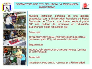 FORMACIÓN POR CICLOS HACIA LA INGENIERÍA INDUSTRIAL Nuestra Institución participa en una alianza estratégica con la Universidad Francisco de Paula Santander de Cúcuta, para ofrecer desde el grado 10º una cadena de formación en Educación Superior por ciclos articulados así: Primer ciclo   TECNICO PROFECIONAL EN PRODUCION INDUSTRIAL (Inicia en el grado 10º) y culmina en la Universidad Segundo ciclo TECNOLOGÍA EN PROCESOS INDUSTRIALES (Continua en la Universidad) Tercer ciclo INGENIERIA INDUSTRIAL (Continùa en la  Universidad ARTICULACIÓN EDUCACIÓN  MEDIA TECNICA-EDUCACIÓN SUPERIOR ARTICULACIÓN EDUCACIÓN  MEDIA TECNICA-EDUCACIÓN SUPERIOR ARTICULACIÓN EDUCACIÓN  MEDIA TECNICA-EDUCACIÓN SUPERIOR ARTICULACIÓN EDUCACIÓN  MEDIA TECNICA-EDUCACIÓN SUPERIOR ARTICULACIÓN EDUCACIÓN  MEDIA TECNICA-EDUCACIÓN SUPERIOR 