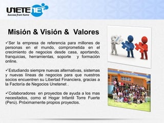 Misión & Visión & Valores
Ser la empresa de referencia para millones de
personas en el mundo, comprometida en el
crecimiento de negocios desde casa, aportando,
franquicias, herramientas, soporte y formación
online.
Estudiando siempre nuevas alternativas, sistemas
y nuevas líneas de negocios para que nuestros
socios encuentren su Libertad Financiera, gracias a
la Factoría de Negocios Unetenet .
Colaboradores en proyectos de ayuda a los mas
necesitados, como el Hogar Infantil Torre Fuerte
(Perú). Próximamente propios proyectos.
 