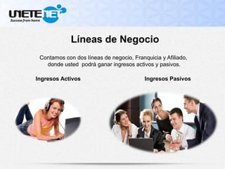 Líneas de Negocio
Contamos con dos líneas de negocio, Franquicia y Afiliado,
donde usted podrá ganar ingresos activos y pasivos.
Ingresos Activos Ingresos Pasivos
 