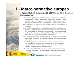 CódigodePlantilla:F-DEA-FOR013.0
© AESA 2013
Queda terminantemente prohibida la reproducción total o parcial de este documento, así como su uso
indebido y/o su exhibición o comunicación a terceros.
 Aplicabilidad del Reglamento (CE) 216/2008 de 20 de febrero de
2008: Artículo 1.1
1.‐ Marco normativo europeo
 
