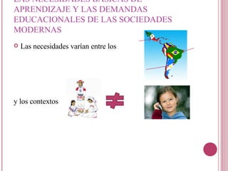 LAS NECESIDADES BÁSICAS DE APRENDIZAJE Y LAS DEMANDAS EDUCACIONALES DE LAS SOCIEDADES MODERNAS  Las necesidades varían entre los  y los contextos  