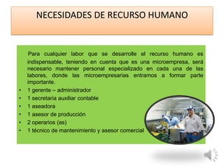 NECESIDADES DE RECURSO HUMANO


    Para cualquier labor que se desarrolle el recurso humano es
    indispensable, teniendo en cuenta que es una microempresa, será
    necesario mantener personal especializado en cada una de las
    labores, donde las microempresarias entramos a formar parte
    importante.
•   1 gerente – administrador
•   1 secretaria auxiliar contable
•   1 aseadora
•   1 asesor de producción
•   2 operarios (as)
•   1 técnico de mantenimiento y asesor comercial
 