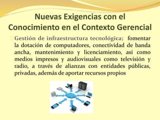 Nuevas Exigencias con el 
Conocimiento en el Contexto Gerencial 
Gestión de infraestructura tecnológica; fomentar 
la dotación de computadores, conectividad de banda 
ancha, mantenimiento y licenciamiento, así como 
medios impresos y audiovisuales como televisión y 
radio, a través de alianzas con entidades públicas, 
privadas, además de aportar recursos propios 
 