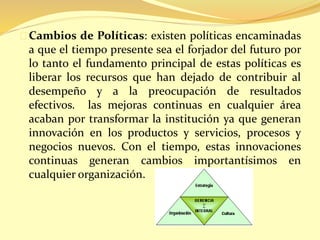 Cambios de Políticas: existen políticas encaminadas 
a que el tiempo presente sea el forjador del futuro por 
lo tanto el fundamento principal de estas políticas es 
liberar los recursos que han dejado de contribuir al 
desempeño y a la preocupación de resultados 
efectivos. las mejoras continuas en cualquier área 
acaban por transformar la institución ya que generan 
innovación en los productos y servicios, procesos y 
negocios nuevos. Con el tiempo, estas innovaciones 
continuas generan cambios importantísimos en 
cualquier organización. 
 
