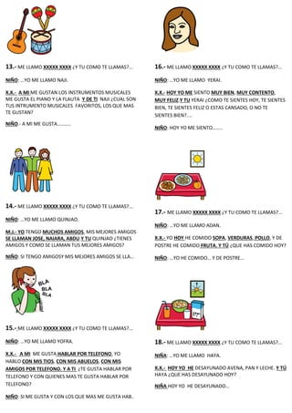 13.- ME LLAMO XXXXX XXXX ¿Y TU COMO TE LLAMAS?...
NIÑO: …YO ME LLAMO NAJI.
X.X.- A MI ME GUSTAN LOS INSTRUMENTOS MUSICALES
ME GUSTA EL PIANO Y LA FLAUTA Y DE TI NAJI ¿CUAL SON
TUS INTRUMENTO MUSICALES FAVORITOS, LOS QUE MAS
TE GUSTAN?
NIÑO.- A MI ME GUSTA………..
14.- ME LLAMO XXXXX XXXX ¿Y TU COMO TE LLAMAS?...
NIÑO: …YO ME LLAMO QUINJAO.
M.J.- YO TENGO MUCHOS AMIGOS, MIS MEJORES AMIGOS
SE LLAMAN JOSE, NAIARA, ABDU.Y TU QUINJAO ¿TIENES
AMIGOS Y COMO SE LLAMAN TUS MEJORES AMIGOS?
NIÑO: SI TENGO AMIGOSY MIS MEJORES AMIGOS SE LLA…
15.- ME LLAMO XXXXX XXXX ¿Y TU COMO TE LLAMAS?...
NIÑO: …YO ME LLAMO YOFRA.
X.X.- A MI ME GUSTA HABLAR POR TELEFONO, YO
HABLO CON MIS TIOS, CON MIS ABUELOS, CON MIS
AMIGOS POR TELEFONO. Y A TI ¿TE GUSTA HABLAR POR
TELEFONO Y CON QUIENES MAS TE GUSTA HABLAR POR
TELEFONO?
NIÑO: SI ME GUSTA Y CON LOS QUE MAS ME GUSTA HAB..
16.- ME LLAMO XXXXX XXXX ¿Y TU COMO TE LLAMAS?...
NIÑO: …YO ME LLAMO YERAI.
X.X.- HOY YO ME SIENTO MUY BIEN, MUY CONTENTO,
MUY FELIZ.Y TU YERAI ¿COMO TE SIENTES HOY, TE SIENTES
BIEN, TE SIENTES FELIZ O ESTAS CANSADO, O NO TE
SIENTES BIEN?....
NIÑO: HOY YO ME SIENTO……..
17.- ME LLAMO XXXXX XXXX ¿Y TU COMO TE LLAMAS?...
NIÑO: …YO ME LLAMO ADAN.
X.X.- YO HOY HE COMIDO SOPA, VERDURAS, POLLO, Y DE
POSTRE HE COMIDO FRUTA. Y TÚ ¿QUE HAS COMIDO HOY?
NIÑO: …YO HE COMIDO… Y DE POSTRE…
18.- ME LLAMO XXXXX XXXX ¿Y TU COMO TE LLAMAS?...
NIÑA: …YO ME LLAMO HAYA.
X.X.- HOY YO HE DESAYUNADO AVENA, PAN Y LECHE. Y TÚ
HAYA ¿QUE HAS DESAYUNADO HOY?
NIÑA HOY YO HE DESAYUNADO…
 