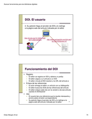 Nuevas herramientas para las bibliotecas digitales
Dídac Margaix Arnal 70
139
Funcionamiento del DOI
Registro
Enlace de la...