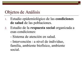 Objetos de Análisis Estudio epidemiológico de las  condiciones de salud  de las poblaciones. Estudio de la  respuesta social  organizada a esas condiciones: - Sistema de atención en salud. - Intervención : a nivel de individuo,  familia, ambiente biofísico, ambiente  social. 