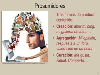 Prosumidores
Tres formas de producir
contenido:
• Creación: abrir mi blog,
mi gallería de fotos…
• Agregación: Mi opinión,
respuesta a un foro,
valoración de un hotel…
• Curación: Me gusta,
Retuit, Comparto…
http://www.tallerdecomputocancun.com/blog/index.php/2012/01/prosumer-una-nueva-generacion-de-consumidores/

15

 