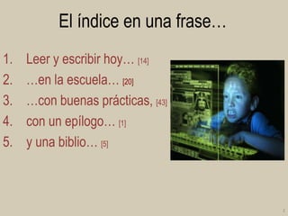 El índice en una frase…
1.
2.
3.
4.
5.

Leer y escribir hoy… [14]
…en la escuela… [20]
…con buenas prácticas, [43]
con un epílogo… [1]
y una biblio… [5]

2

 