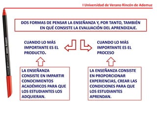 I Universidad de Verano Rincón de Ademuz
DOS FORMAS DE PENSAR LA ENSEÑANZA Y, POR TANTO, TAMBIÉN
EN QUÉ CONSISTE LA EVALUACIÓN DEL APRENDIZAJE.
CUANDO LO MÁS
IMPORTANTE ES EL
PRODUCTO.
CUANDO LO MÁS
IMPORTANTE ES EL
PROCESO
LA ENSEÑANZA
CONSISTE EN IMPARTIR
CONOCIMIENTOS
ACADÉMICOS PARA QUE
LOS ESTUDIANTES LOS
ADQUIERAN.
LA ENSEÑANZA CONSISTE
EN PROPORCIONAR
EXPERIENCIAS, CREAR LAS
CONDICIONES PARA QUE
LOS ESTUDIANTES
APRENDAN.
 
