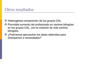 Otros resultados

 Heterogénea composición de los grupos CAL.
 Previsible aumento del profesorado en centros bilingües
 en los grupos CAL, con la creación de más centros
 bilingües.
 ¿Podríamos aprovechar los datos obtenidos para
 anticiparnos a necesidades?
 