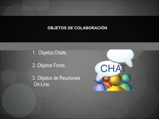 OBJETOS DE COLABORACIÓN   Objetos Chats.  2. Objetos Foros.  3. Objetos de Reuniones On-Line.  