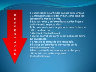 1-Globalización de artículos dañinos como drogas.
D   2-Internacionalización del crimen, como pandillas,
E   pornografía, mafias y otros.
S   3-Las bacterias y enfermedades pueden llegar a
    todo el mundo en pocos días.
V   4-Se crea mas basura de producto manufacturado
E   difícil de desechar.
    5-Menores zonas naturales.
N
    6-Mayor control por parte de los Gobiernos sobre
T   sus ciudadanos.
A   7-Creación de armas de alta tecnología.
    8-Nuevas enfermedades provocadas por la
J
    manipulación genética.
A   9-Destrucción de los recursos naturales para
S   utilizarlos como materias primas.
    10-Comtaminación.
 