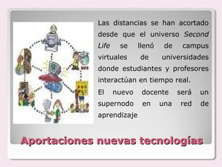 Las distancias se han acortado
             desde que el universo Second
             Life    se     llenó    de    campus
             virtuales      de      universidades
             donde estudiantes y profesores
             interactúan en tiempo real.
             El     nuevo    docente      será   un
             supernodo       en     una   red    de
             aprendizaje


Aportaciones nuevas tecnologías
 