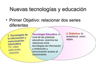 Nuevas tecnologías y educación
• Primer Objetivo: relacionar dos series
diferentes
1. Tecnologías de
la información y
comunicación:
informática
TV- video
radio-audio,
.impresos
2. Didáctica: la
enseñanza como
objeto
Tecnología Educativa: a
nivel de las prácticas
educativas, examina las
relaciones entre
tecnologías de información
y producción y
comunicación acceso al
conocimiento
 