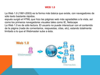 WEB 1.0 
La Web 1.0 (1991-2003) es la forma más básica que existe, con navegadores de 
sólo texto bastante rápidos. 
espués surgió el HTML que hizo las páginas web más agradables a la vista, así 
como los primeros navegadores visuales tales como IE, Netscape 
La Web 1.0 es de sólo lectura. El usuario no puede interactuar con el contenido 
de la página (nada de comentarios, respuestas, citas, etc), estando totalmente 
limitado a lo que el Webmaster sube a ésta. 
 