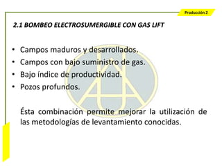 Producción 2


                  2.1 BOMBEO ELECTROSUMERGIBLE CON GAS LIFT


                  •   Campos maduros y desarrollados.
                  •   Campos con bajo suministro de gas.
                  •   Bajo índice de productividad.
                  •   Pozos profundos.

                      Ésta combinación permite mejorar la utilización de
                      las metodologías de levantamiento conocidas.
Bombeo Mecánico
 