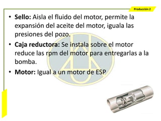 Producción 2

                  • Sello: Aisla el fluido del motor, permite la
                    expansión del aceite del motor, iguala las
                    presiones del pozo.
                  • Caja reductora: Se instala sobre el motor
                    reduce las rpm del motor para entregarlas a la
                    bomba.
                  • Motor: Igual a un motor de ESP
Bombeo Mecánico
 