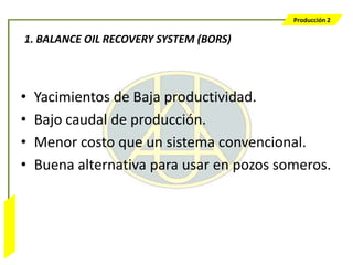 Producción 2

                  1. BALANCE OIL RECOVERY SYSTEM (BORS)




                  •   Yacimientos de Baja productividad.
                  •   Bajo caudal de producción.
                  •   Menor costo que un sistema convencional.
                  •   Buena alternativa para usar en pozos someros.
Bombeo Mecánico
 